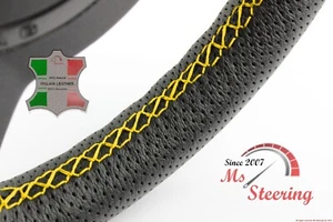 FOR KIA SEDONA 09-12 BLACK PERF LEATHER STEERING WHEEL COVER YELLOW DBL STIT - Picture 1 of 5