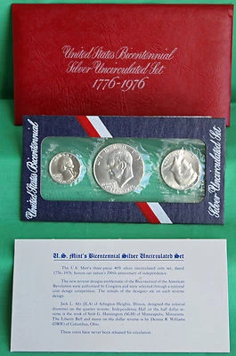 1976 BU Bicentennial Silver 3 Coin Ike Dollar Kennedy Half Drummer Boy 25c - Image 1 of 3