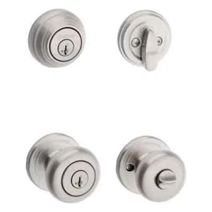 Kwikset Satin Nickel Juno gleichschließend Eingangstürknopf & Riegel Combo Pack Smartkey - Bild 1 von 3