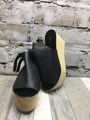 DEENA & OZZY  6 Black Leather Slide Back 2-Buckle Platform Open Toe Shoes - Image 1 of 4