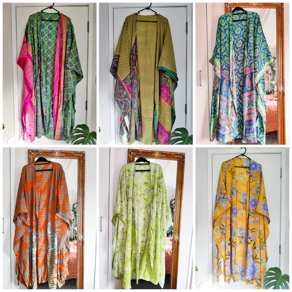 5 Piezas Vestido Largo Kimono Mujer Sari de Seda Vintage Indio Hecho a Mano Foto 1 de 4
