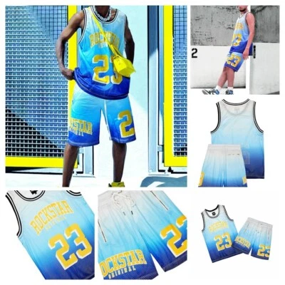 Rockstar 2XL Mens Jersey Track Set (Shorts/Tank Top) Blue/Yellow/White Retro New - Image 1 of 4