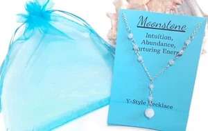 Collar Lariat piedra de curación piedra lunar en forma de Y cadena de acero sin deslustre - Imagen 1 de 8