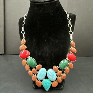 Collar de plata esterlina con eslabones de cadena con babero imitación piedra retro cabujón mod - Imagen 1 de 9