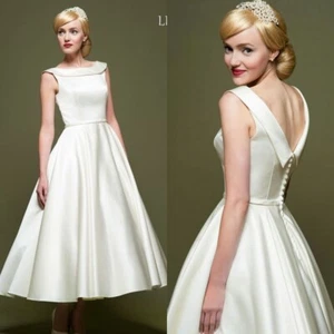 British Wedding Dresses Cathedral Elegant Tea Length Satin Summer Bridal Gown - Picture 1 of 9