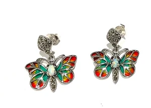 Sterling Silver Plique a Jour Art Deco Ruby Fire Opal Butterfly Drop Earrings - Picture 1 of 10