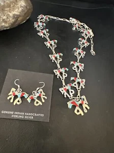 Turquoise Coral MOP Horse Inlay Navajo Sterling Silver Necklace Earrings 15351 - Picture 1 of 12