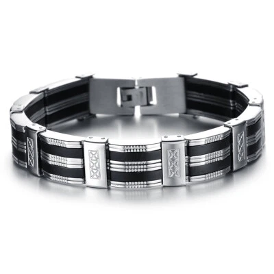 Men's Black Silver Tone Silicone Rubber Stainless Steel Bracelet Chain Wristband - Image 1 of 4