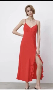 Neu ZARA JACQUARD GEPUNKTETES SCHLUPFKLEID RÜSCHENBESATZ ROT Gr. Medium - Bild 1 von 12