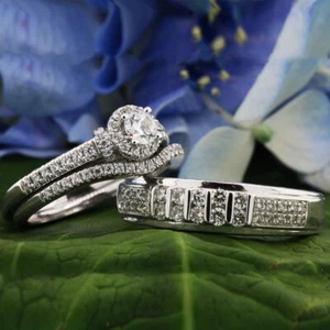 Round Diamond Trio His And Her Bridal Engagement Ring Set 14K White Gold Finish - Picture 1 of 7
