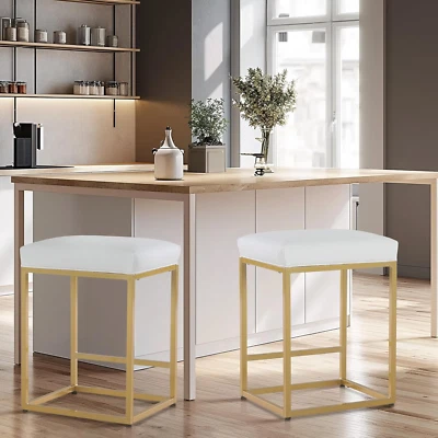 White & Gold Counter Height 24" Bar Stools Set of 2 for Kitchen Counter Modern B - Image 1 of 4