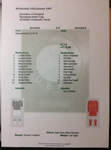 1984-85 Juventus v Liverpool UEFA Super Cup Matchsheet - Picture 1 of 1