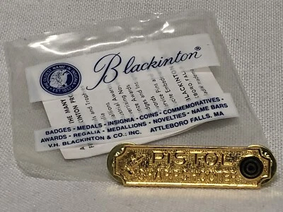 SHARPSHOOTER PISTOL QUAL BAR AWARD PIN BLACKINTON USA GOLD BLACK BULLSEYE NEW - Image 1 of 4