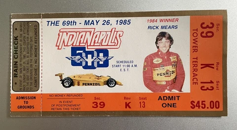 1985 Indianapolis 500 IndyCar Tower Terrace Ticket Stub w/1984 Winner Rick Mears Cover