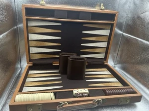 Vintage Backgammon Set in Brown Faux Leather Travel Case 14.5 X 9.5 in Complete - Picture 1 of 15