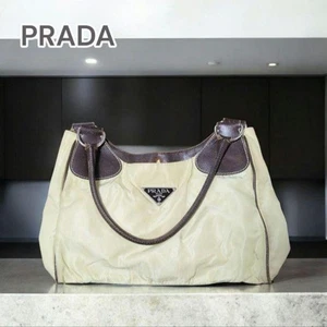 PRADA Nylon Leather Shoulder Bag Handbag Auth Ivory Brown Women Italy Authentic - Picture 1 of 9