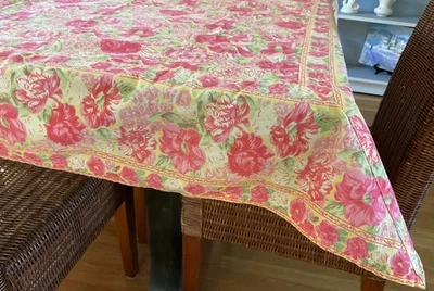 April Cornell Yellow & Pink Floral tablecloth Square 100% cotton ~ 52” - Image 1 of 4