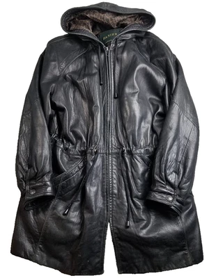 Chaqueta de Cuero Danier Mujer L Gabardina Negra Botón Largo Canadá De Colección Y2K LEER Foto 1 de 4