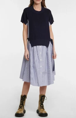 Sacai Striped Shirt Dress Cotton Poplin Hybrid Rib Knit Short Sleeve Size 2 Navy - Image 1 of 4