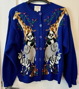 VTG Susan Bristol Noah’s Ark Blue Cotton Blend Cardigan Sweater Women’s Medium - Picture 1 of 14