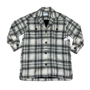 Old Navy Shacket Womens M White Black Wool Blend Oversized Long Plaid Brushed - Picture 1 of 14