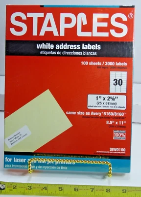 Staples 3,000 White Address Labels SIW0100 Laser Ink Jet 1"x2 5/8" New + More! - Image 1 of 4