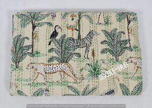 Forest Print Hand Block Cotton Twin Kantha Quilt Indian Bedspread Handmade Throw