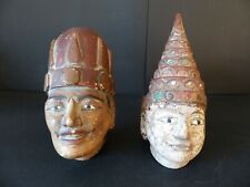 TWO OLD WOODEN PUPPET HEADS WITH GLASS INLAYS - MYANMAR (BURMA) - MID 20th C