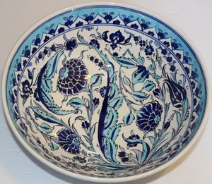 Handmade 12"x4" Turkish Blue Iznik Carnation & Floral Pattern Ceramic Bowl - Picture 1 of 4