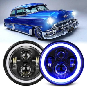 Pair 7" Round LED Headlights Blue Halo DRL For Chevrolet 53-1957 Bel Air/150/210 - Picture 1 of 11