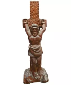 Hand-Carved Rustic Wooden Jesus On Cross Folk Art Statue - Picture 1 of 10