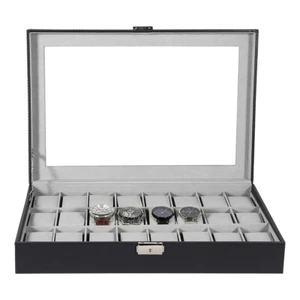 Caja de Reloj 24 Ranuras Cuero PU Vidrio Joyería Organizador Vitrina Bloqueable - Imagen 1 de 24