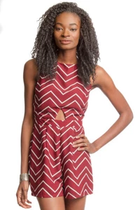 She + Sky Red Wine Chic Sleeveless Chevron Romper Shorts Front & Back Cutout - Picture 1 of 2