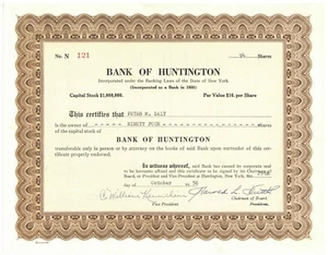 Bank of Huntington. Aktienzertifikat. New York. 1956 - Bild 1 von 1