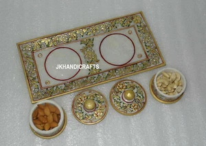 Marble Jaipur Raga Bowl Tray Set Dry Fruit Kitchen Decor Inlaid Beautiful Gifts - Picture 1 of 5