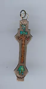 VINTAGE NATIVE AMERICAN INDIAN SILVER CHIP INLAY CORAL TURQUOISE KACHINA PENDANT - Picture 1 of 2