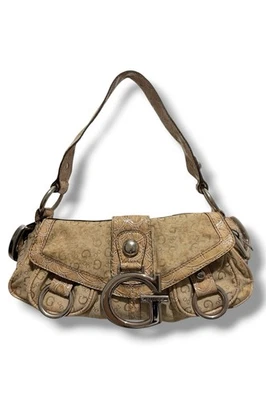 Guess Rare Brown Beige Signature Studded Baguette & Croc Leather Shoulder Bag - Image 1 of 4