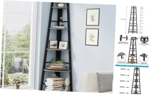 Rustic Tall Corner Bookshelf, 5 Tier Wood Corner ladder shelf Dark Grey Oak - Picture 1 of 7