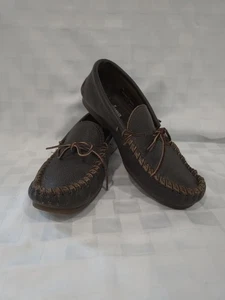 Minnetonka 972 Shoes Men's 7.5 Loafers Brown Leather Low Tie Top Moccasin EUC - Picture 1 of 10