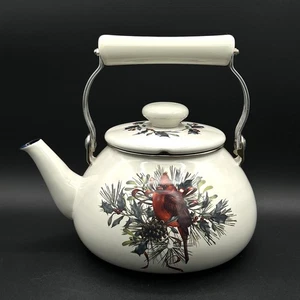 Lenox Winter Greetings Metal Enamel Tea Kettle Cardinal Holly Pine Cones Retired - Picture 1 of 18