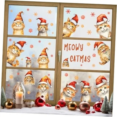 Christmas Window Clings Decoration Indoor Xmas Cat Stickers Double Red & Brown - image 1 of 4