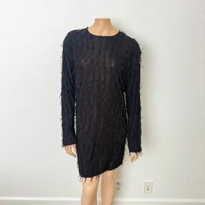 Zara Size Large L Black Tasseled Fringe Long Sleeve Shift Mini Dress NWT - Picture 1 of 10