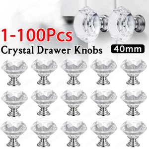 Diamond Shape Crystal Glass Cabinet Knobs Drawer Kitchen Dresser Handle Pull Lot - Picture 1 of 14