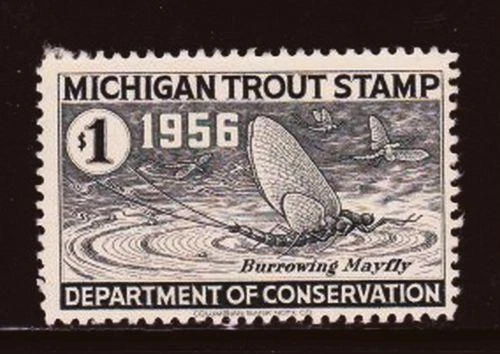 Album Treasures  Michigan  1956  $1 Trout Fishing Stamp Mint NH - Image 1 of 1