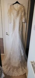 Size 8-10 3/4 sleeve white wedding dress off the shoulder lace with train