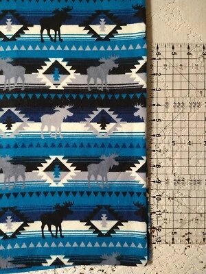 Teal Blue & Black Aztec Southwest Moose Snuggle Cotton Flannel Fabric New 21x43" - Image 1 of 3