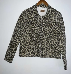 Judy Blue Leopard Animal Print Button Down Denim Jean Jacket Tan Black Sz L - Picture 1 of 9