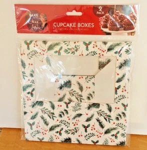 JANE ASHER XMAS Cupcake Boxes Pack of 2 Each Holds 6 Cupcakes HOLLY FIRS BERRY - Picture 1 of 2