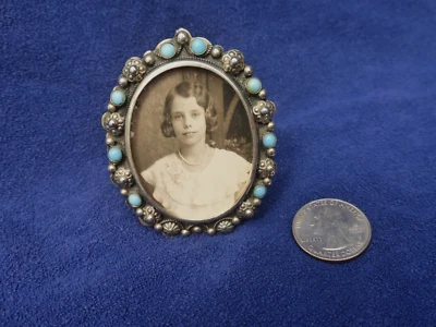 Antiguo marco de fotos de piedra turquesa plateado ornamentado marca Italia 2,5" Foto 1 de 4