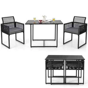 3 Pieces Outdoor Dining Set Patio PE Rattan Furniture Set with Folding Backrest - Picture 1 of 9